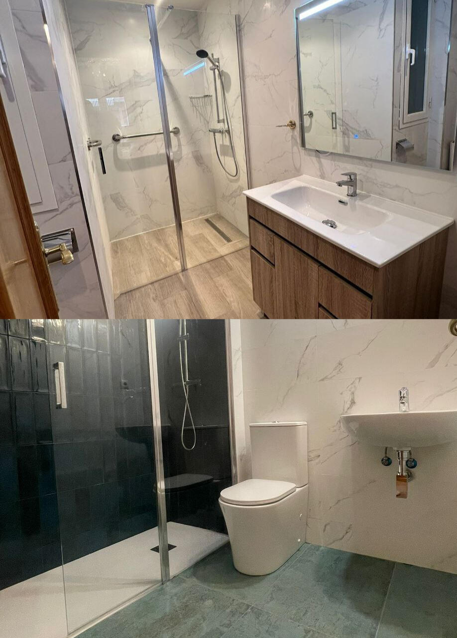 Alisado, pintura, suelos porcelánicos, tarima, separador de ambiente, electricidad, fontanería, platos de ducha de obra y prefabricados, seguros y accesibles para personas con movilidad reducida.